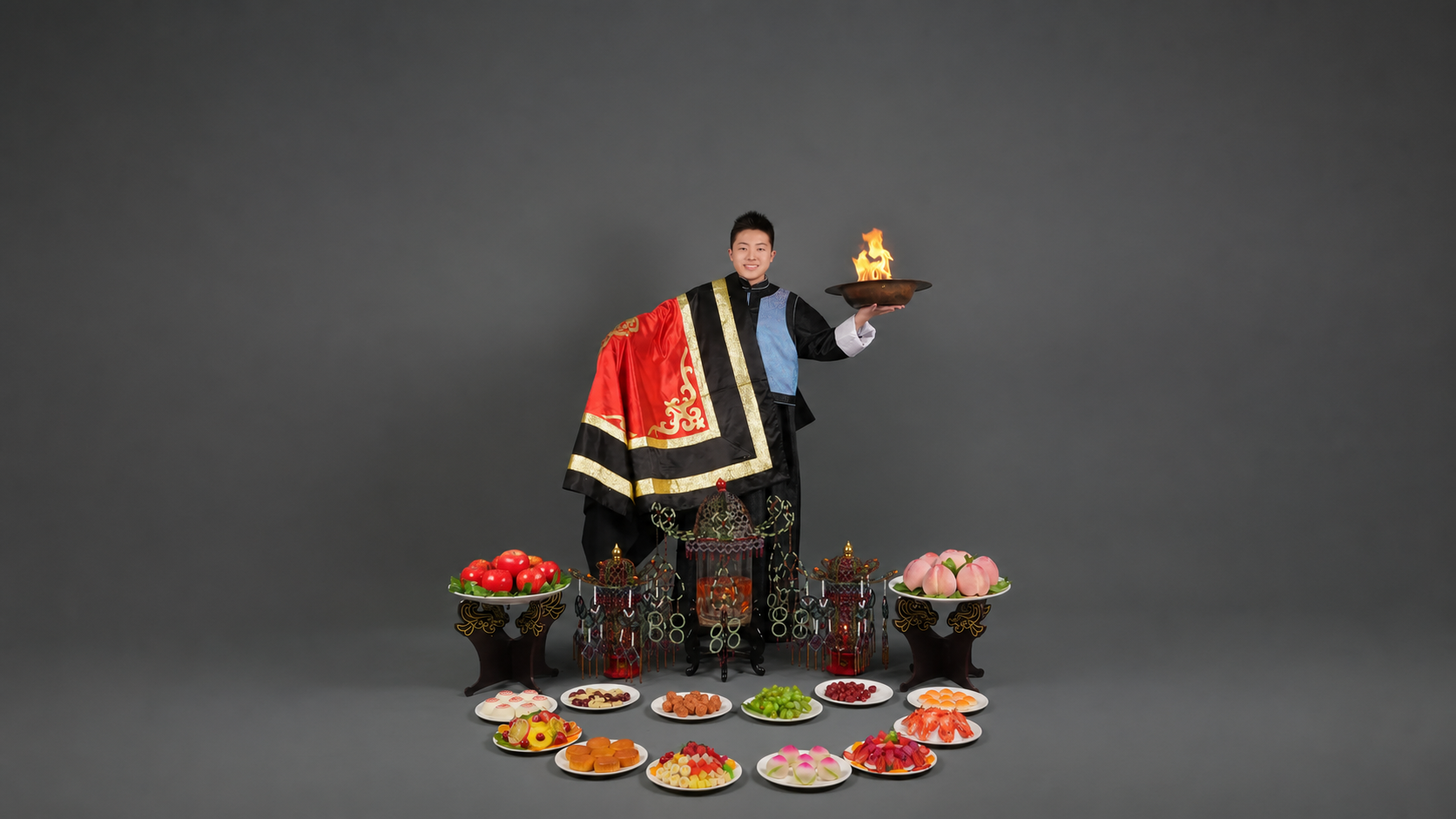 Brian Zhang performing Chinese Conjuring, surrounded by traditional stage props and holding a flaming basin